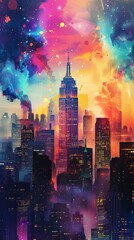 City painting with tall buildings and colorful sky - obrazy, fototapety, plakaty