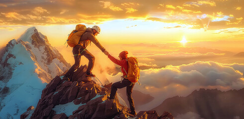 Two climbers reaching for each other's hands on a mountain peak at sunset with clouds below. - obrazy, fototapety, plakaty