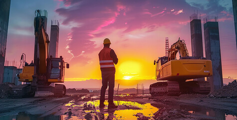 Construction worker at sunset with heavy machinery on site.