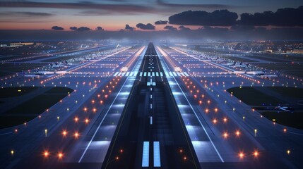 The runways and taxi lanes are lit up with an advanced lighting system guiding planes safely during takeoff and landing. These integrated airport systems utilize tingedge - obrazy, fototapety, plakaty