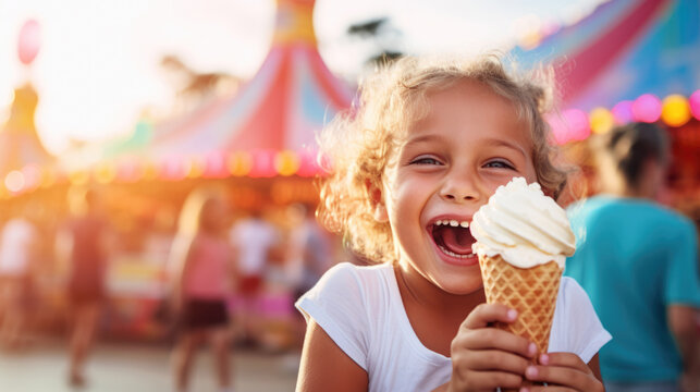 Smiling girl holding an ice cream cone at a carnival