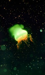 Glowing jellyfish is swimming in the dark sea background