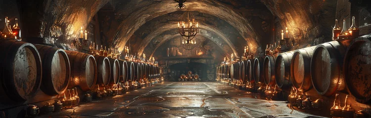 Fotobehang Vintage wine cellar with rows of wooden barrels, dim lighting, and stone architecture, ideal for winemaking themes. © Gayan