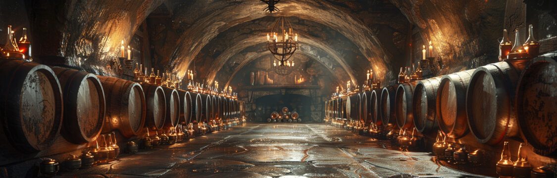 Vintage wine cellar with rows of wooden barrels, dim lighting, and stone architecture, ideal for winemaking themes.