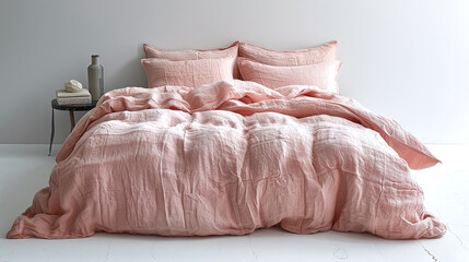 Cozy bedroom with a neatly made bed, blush pink bedding, and soft pillows on a clean, minimalist background.