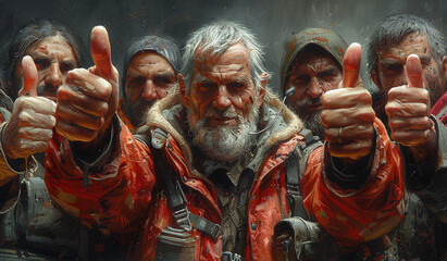 Fototapeta na wymiar Group of cheerful rugged men giving thumbs up, portraying positivity and teamwork in a tough environment.