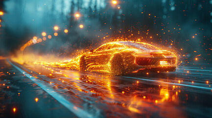 Dynamic image of a car with glowing light trails speeding on a rainy street at night, creating a...