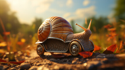 Slow and Small: A Closeup Look at Garden Snails in Nature, Isolated and Slimy, Crawling on Leaves and Shells, generative AI