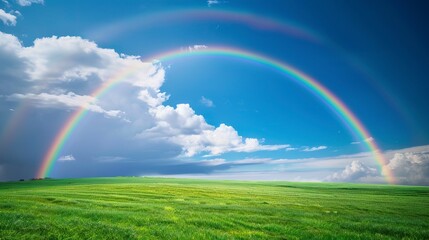 Nature photography of a rainbow over a green field with a clear sky and clouds