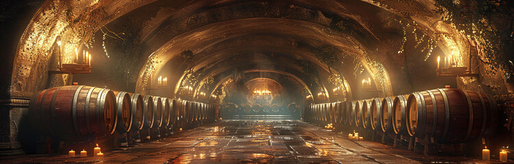 Obraz premium Vintage wine cellar with rows of wooden barrels and ambient lighting, creating a warm, rustic atmosphere.