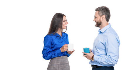 Colleagues having business corporate meeting at coffee break in office for businesspeople isolated on white