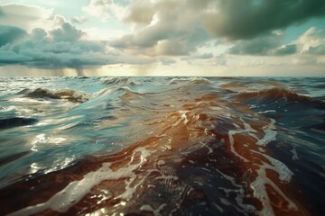 Shot of wide angle oil contaminated in the ocean,environment issue.