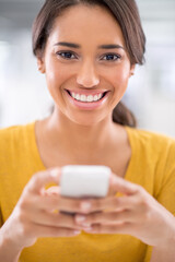 Happy, phone and portrait of woman in office networking on social media, mobile app or internet. Smile, technology and female person reading online email or text message on cellphone in workplace.
