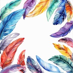 Vibrant watercolor feathers forming a wreath, ideal for artistic designs, creative backgrounds, and decorative elements.