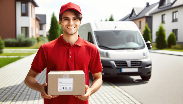Friendly delivery man in red uniform smiling while holding a package with a delivery van and residential backdrop.