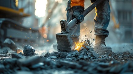 Construction worker operating a jackhammer to break up concrete and remove debris from the site - obrazy, fototapety, plakaty