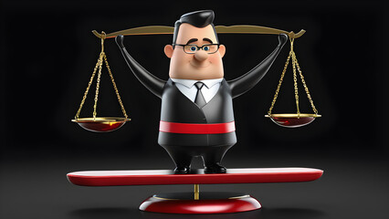  a cartoon character professional lawyer with balance scale on black background. businessman with scales