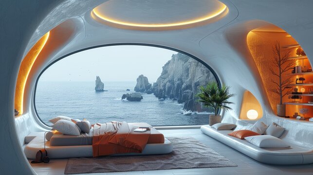 A futuristic hotel resort bedroom with beautiful architecture and interior design © aaron