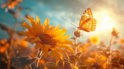 Butterfly alighting on a vibrant sunflower, its wings shimmering in the golden sunlight against the backdrop of blue sky