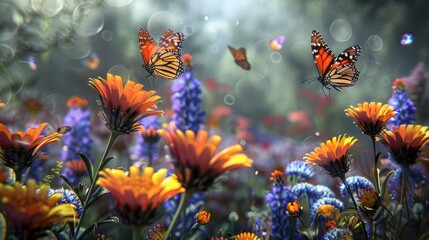Garden with flowers and butterflies