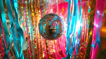 Brightly colored streamers cascade down from a disco ball setting the stage for a lively New Years Eve dance party.