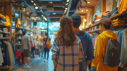 Customers Shopping in Modern Clothing Store, Retail Sales, Diverse People in Fashionable Shop, Choosing Stylish Clothes, Colorful Brand Designs, Quality Sustainable, - obrazy, fototapety, plakaty