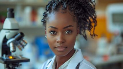 Medical Research Laboratory, Black Female Scientist in Goggles Using Micro Pipette for Test Analysis. Advanced Scientific Lab for Medicine, Biotechnology, Microbiology Development, Vaccin research