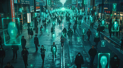 City Security Camera Surveillance Footage, Crowd of People Walking on Busy Urban City Streets. CCTV AI Facial Recognition Big Data Analysis Interface Scanning, control people - Powered by Adobe