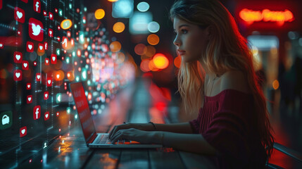 Social Media Manager Working on Computer in Office. Augmented Reality Social Media Icons Appear From Worker's Laptop. Connectivity and Online Concept. Digital marketing