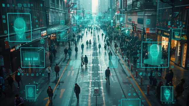 AI Surveillance Footage, Crowd of People Walking on Busy Urban City Streets. CCTV AI Facial Recognition Big Data Analysis Interface Scanning, control people