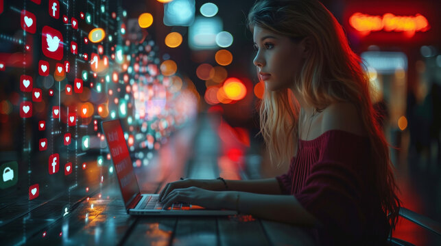 Social Media Manager Working on Computer in Office. Augmented Reality Social Media Icons Appear From Worker's Laptop. Connectivity and Online Concept. Digital marketing