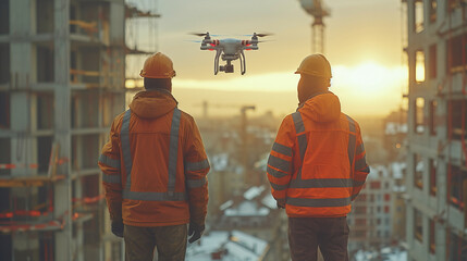 Engineer Specialists Use Drone on Construction Site. at sunset - obrazy, fototapety, plakaty