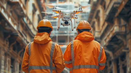 Engineer Specialists Use Drone on Construction Site. Architectural Engineer and Safety Engineering Inspector Fly Drone on Building Construction Site  - obrazy, fototapety, plakaty