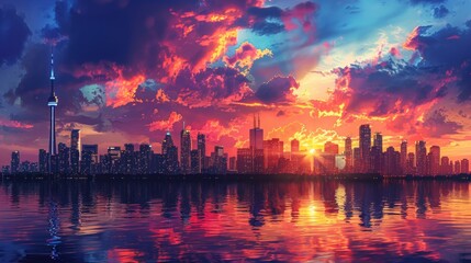 Fototapeta na wymiar Urban Skyline at Sunset, Sunset Over the City