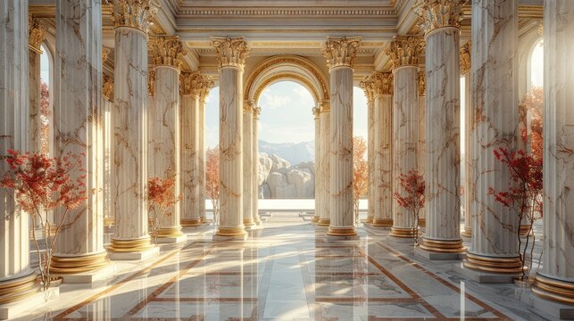 Ancient greek architecture with pillars and a classical marble interior