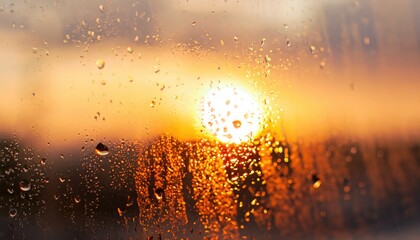 The blurred texture of the setting sun in the city through a window with drops from the rain