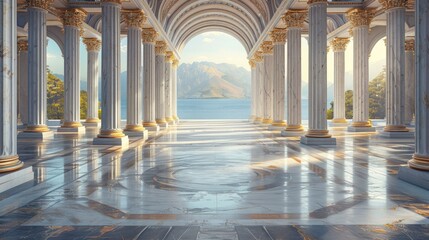 Ancient greek architecture with pillars and a classical marble interior - 743426122
