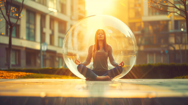 Woman meditating in a bubble at sunset- calmness and wellbeing concept image