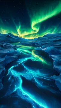 A mystical view with auroras covering the sky and green lights coloring the river surface in fluorescent hues
