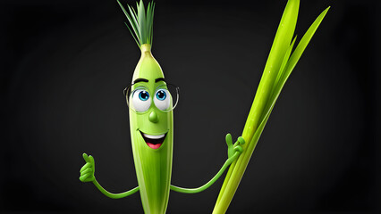 a cartoon character with a funny face leek on a black background. cartoon vegetables. funny cartoon vegetables.