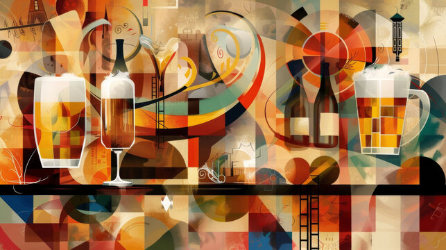 The familiar sights and sounds of Oktoberfest are depicted in this abstract background bringing together elements of beer food and cultural traditions for a truly unique design.