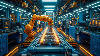 Industrial robot arms working in factory production line. Concept of artificial intelligence for industrial revolution and automation manufacturing process - obrazy, fototapety, plakaty