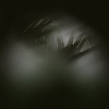 Ghost, sheet and hand for scary horror or late night in dark with or halloween or paranormal silhouette, black background or creepy. Apparition, shadow and evil or supernatural mockup, escape or fear