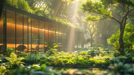 Architecture image with a modern glass building with nature backgrounds - obrazy, fototapety, plakaty
