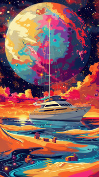 Elegant yacht club on Mars box packages being unloaded showcasing interplanetary trade and leisure in vibrant pop art style