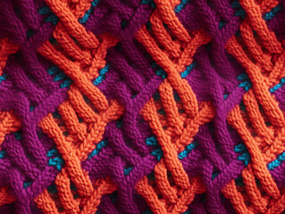 Vibrant Handmade Knitted Pattern with Orange and Purple Wool Textures