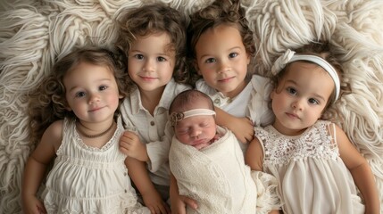 A heartwarming photo capturing four young siblings with their new baby, lying together on a plush, textured blanket.
