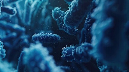 close up of 3d microscopic blue bacteria - obrazy, fototapety, plakaty
