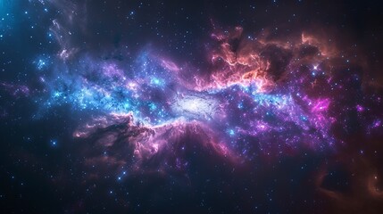 Cosmic galaxy nebula in shades of purple, blue, and pink against a black sky.