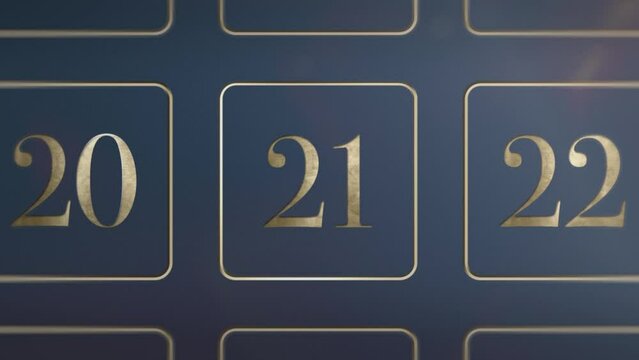 Door number 21 twenty one opening calendar reveal, updateable green screen revealing transition sting, 3D gold xmas festive golden numbered doors shiny video, Christmas Advent Calendar animation